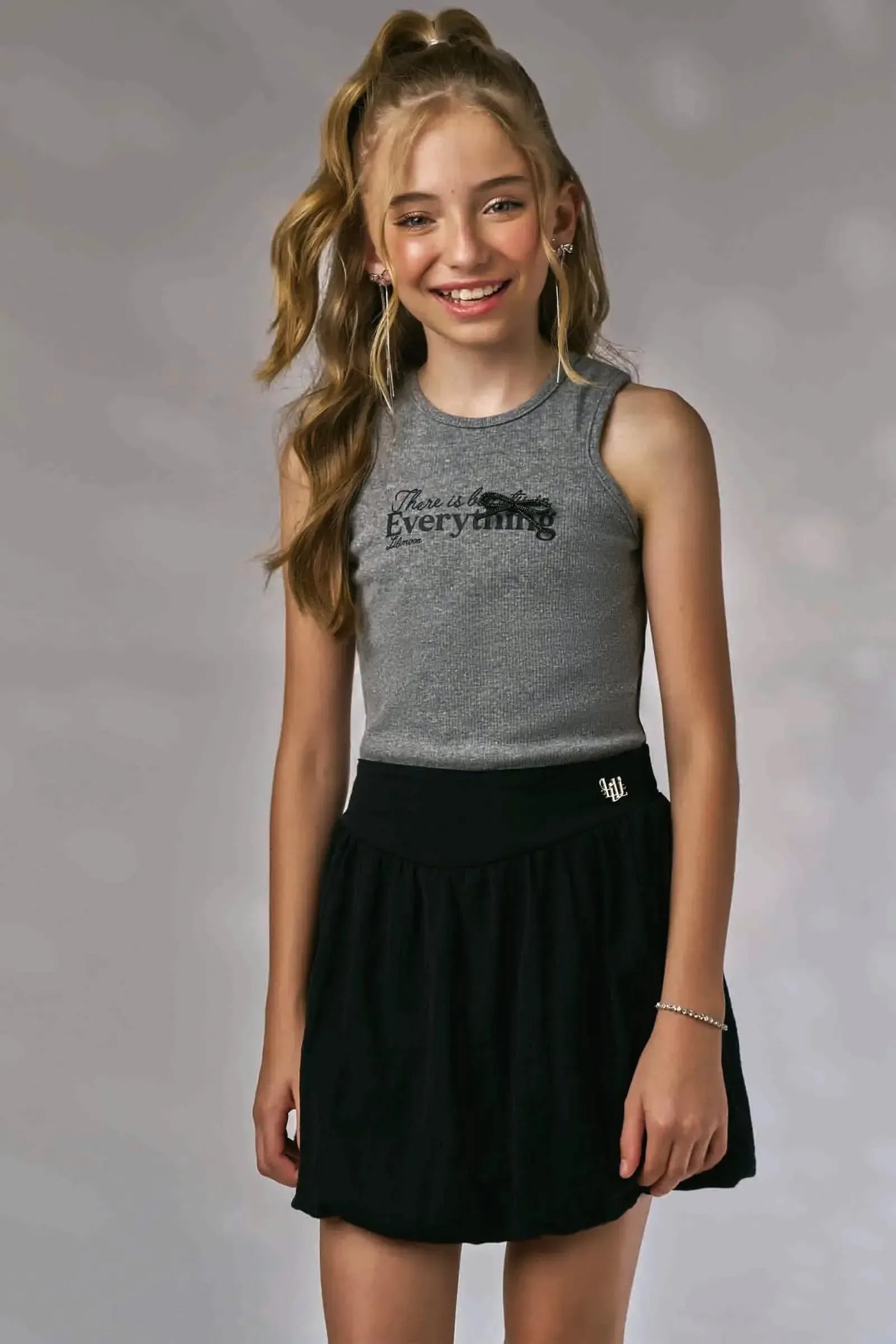 Conjunto de Blusa em Canelado e Saia Balonê em Tecido Texturizado Isla 87493 Lilimoon Teen Menina