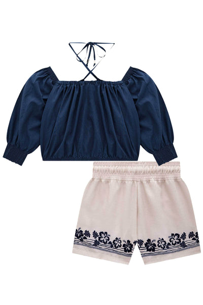 Conjunto Blusa Cropped em Tricoline e Shorts em Linen Look Resort 74545 Lilimoon