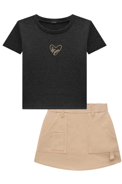 Conjunto Teen Menina de Blusa Boxy em Malha Colméia e Short Saia em Moletom sem Pelúcia 81992 Vic&Vicky