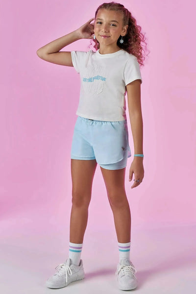 Conjunto de Blusa Boxy em Meia Malha e Shorts em Nylon com Biker em Canelado Liz 87099 Vic&Vicky Teen Menina