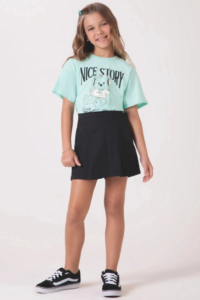 Conjunto de Blusa Boxy Over em Malha Flamê e Short Saia em Sarja com Elastano 88801 Lilimoon Teen Menina