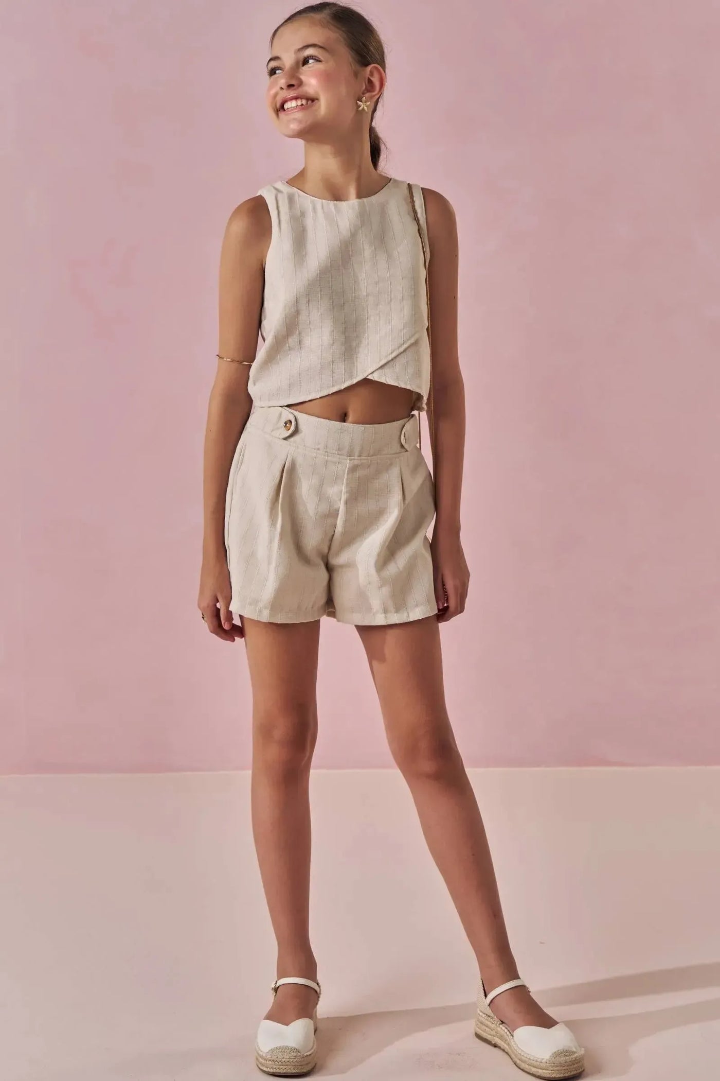 Conjunto de Blusa Cropped e Shorts em Linho Milano 87758 Lilimoon Teen Menina