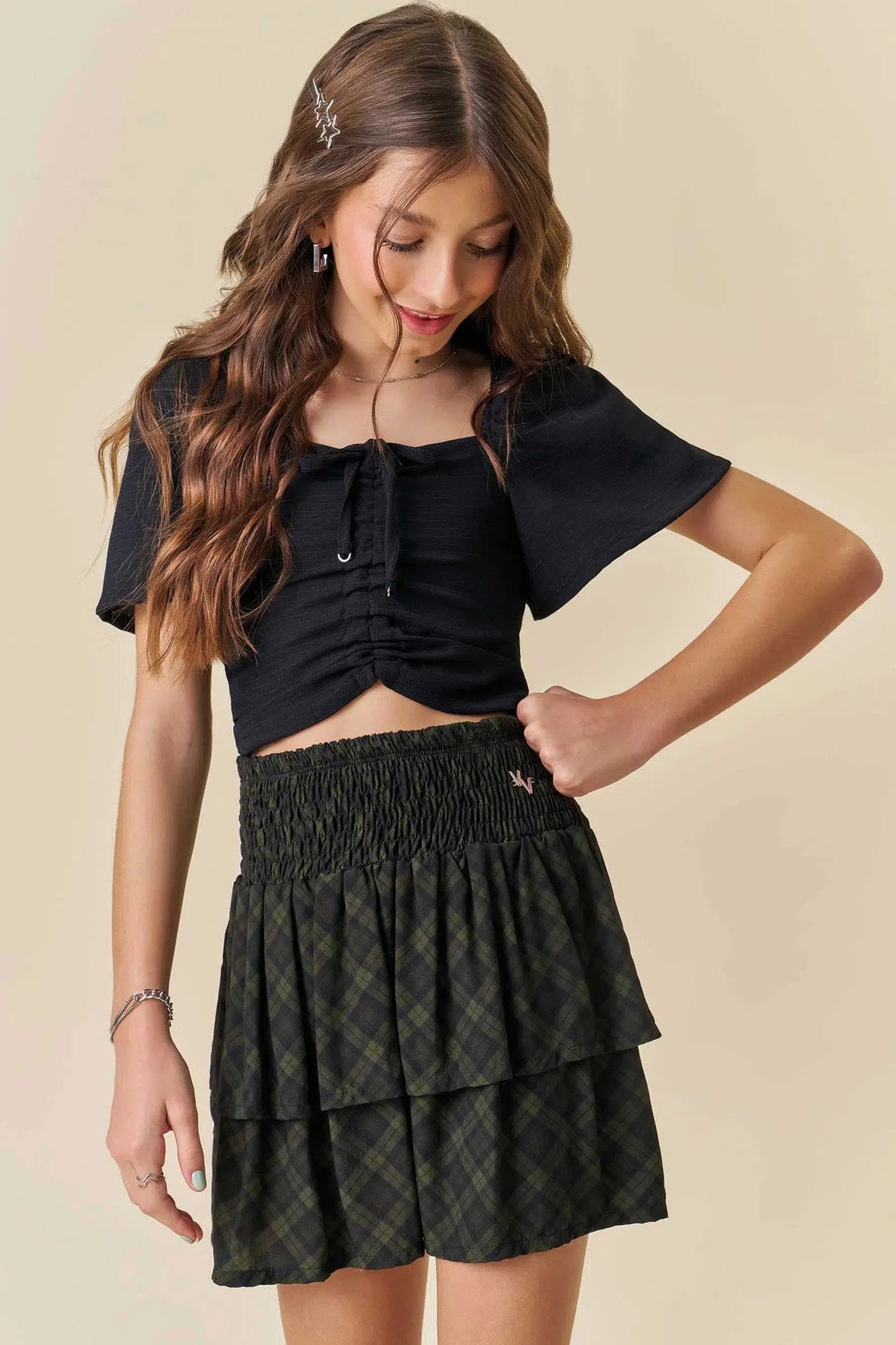 Conjunto Teen Menina de Blusa Cropped em Air Flow e Saia em Viscose 81475 Vic&Vicky