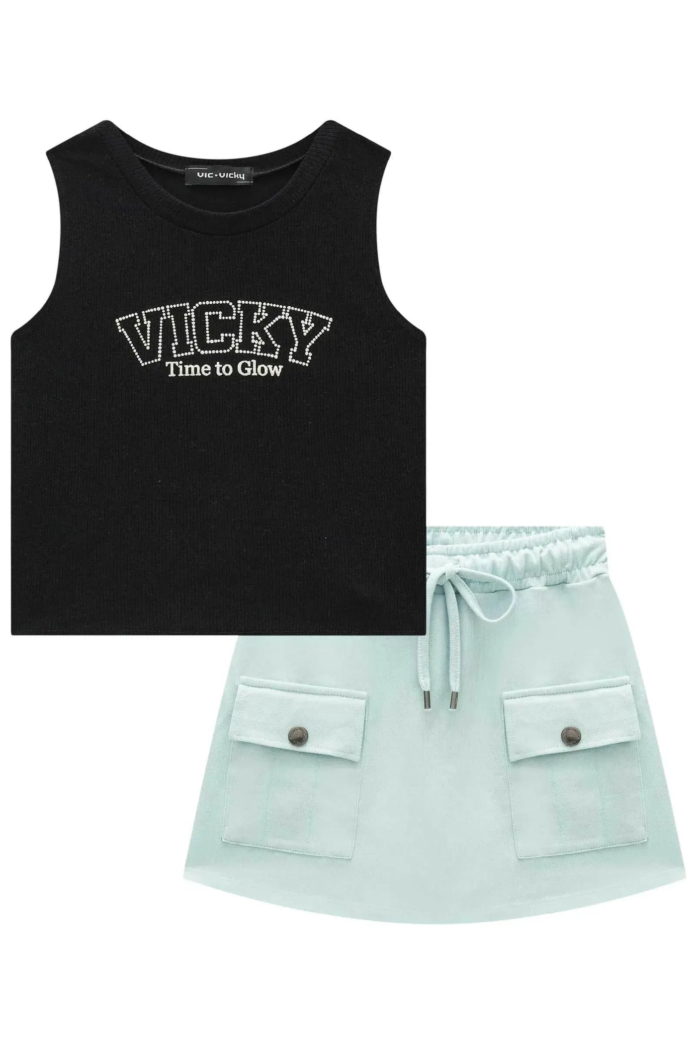 Conjunto de Blusa Cropped em Canelado Liz e Short Saia em Malha Denim 86711 Vic&Vicky Teen Menina