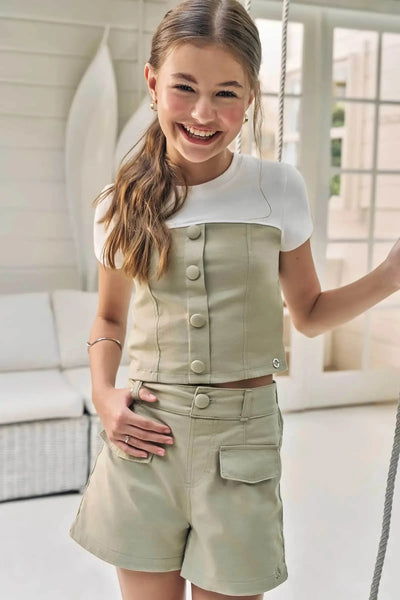 Conjunto de Blusa Cropped em Cotton e Sarja com Elastano e Shorts em Sarja com Elastano 86363 Lilimoon Teen Menina