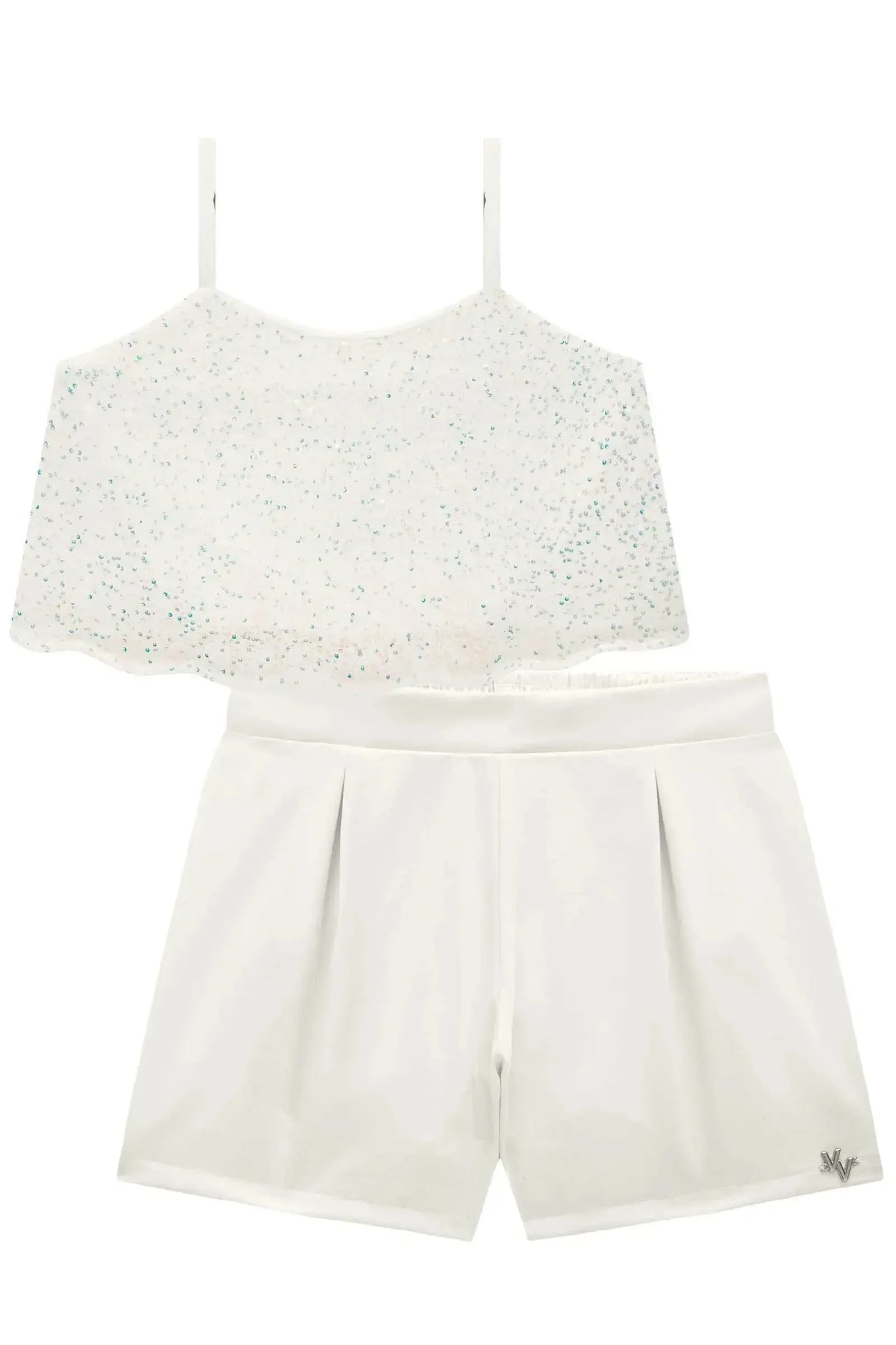 Conjunto de Blusa Cropped em Paetê e Shorts em Alfaiataria Tecno Cargo 86681 Vic&Vicky Teen Menina