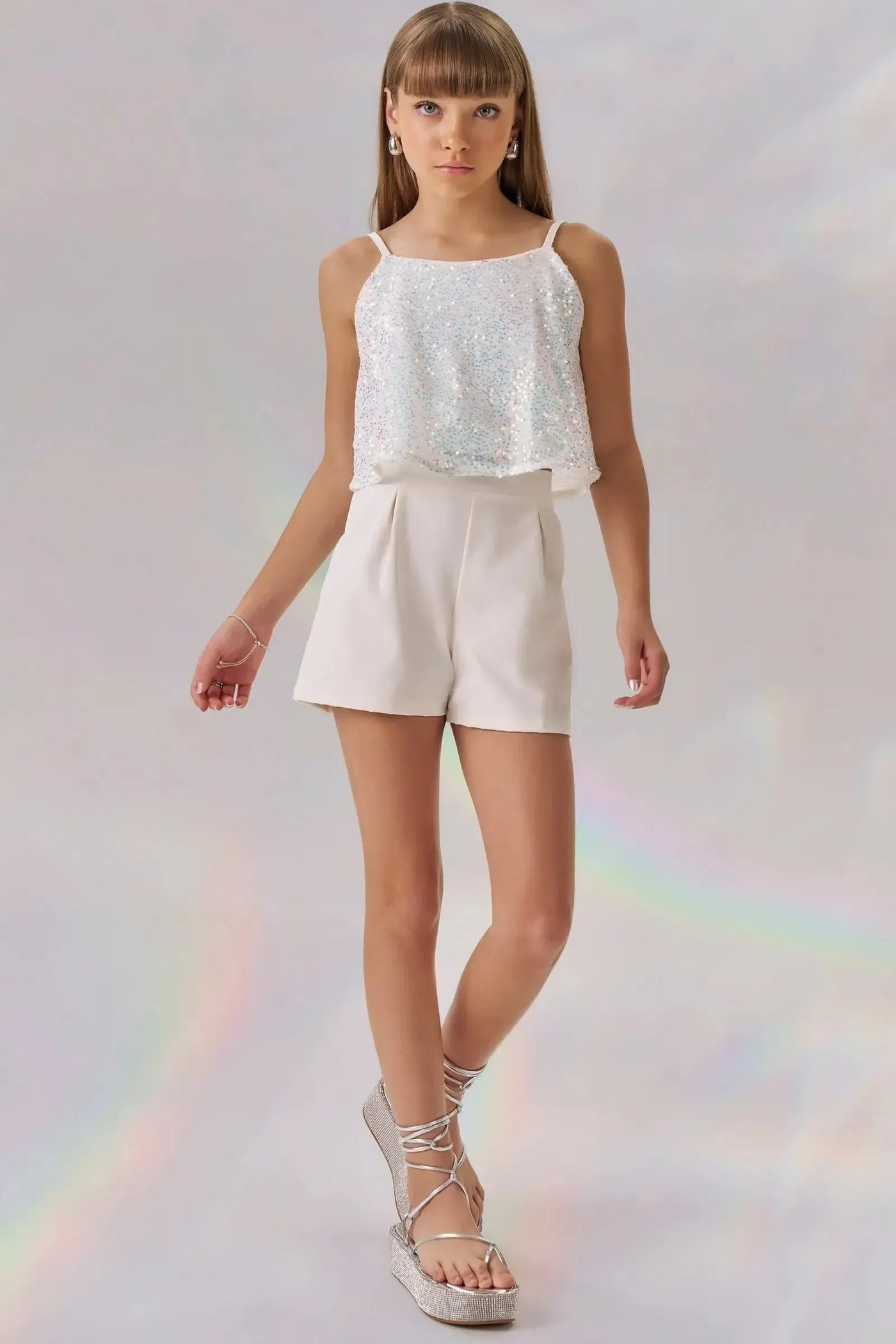 Conjunto de Blusa Cropped em Paetê e Shorts em Alfaiataria Tecno Cargo 86681 Vic&Vicky Teen Menina