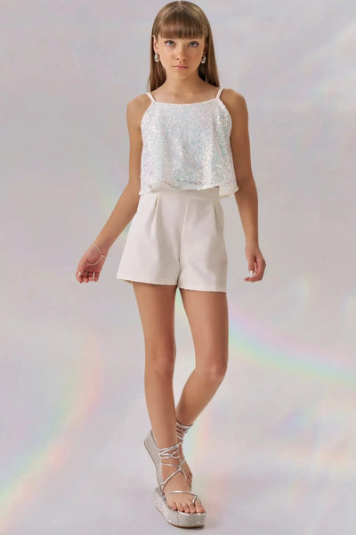 Conjunto de Blusa Cropped em Paetê e Shorts em Alfaiataria Tecno Cargo 86681 Vic&Vicky Teen Menina