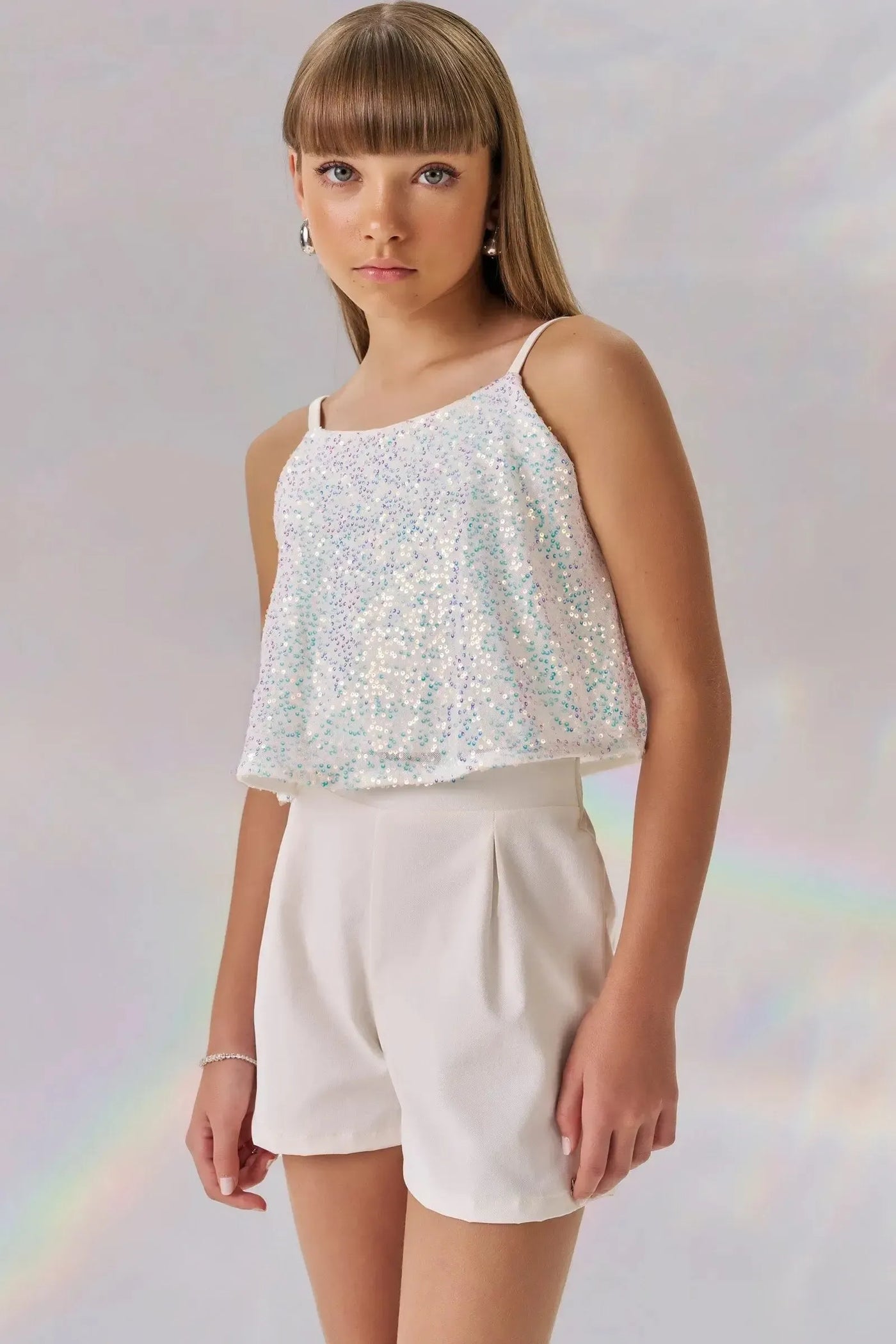 Conjunto de Blusa Cropped em Paetê e Shorts em Alfaiataria Tecno Cargo 86681 Vic&Vicky Teen Menina