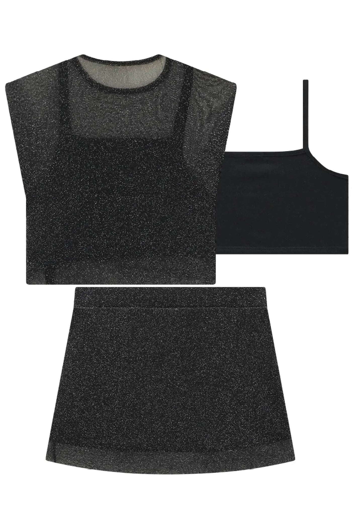 Conjunto de Blusa Cropped Sobreposição Top em Cotton e Saia em Tule Brilho 86733 Vic&Vicky Teen Menina