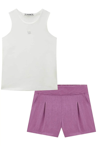 Conjunto de Blusa em Poliamida e Shorts em Tecido Linho Natural 87552 Lilimoon Teen Menina