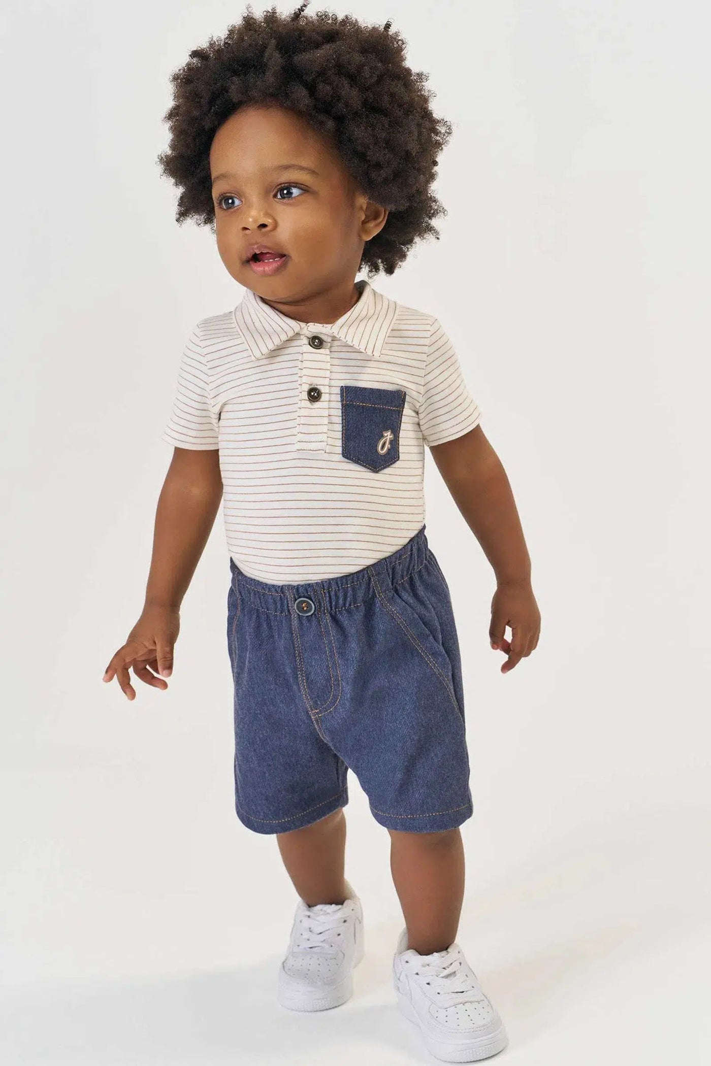 Conjunto Bebê Menino de Body em Cotton Listrado Fio Tinto e Bermuda em Cotton Jeans com Elastano 82190 Johnny Fox