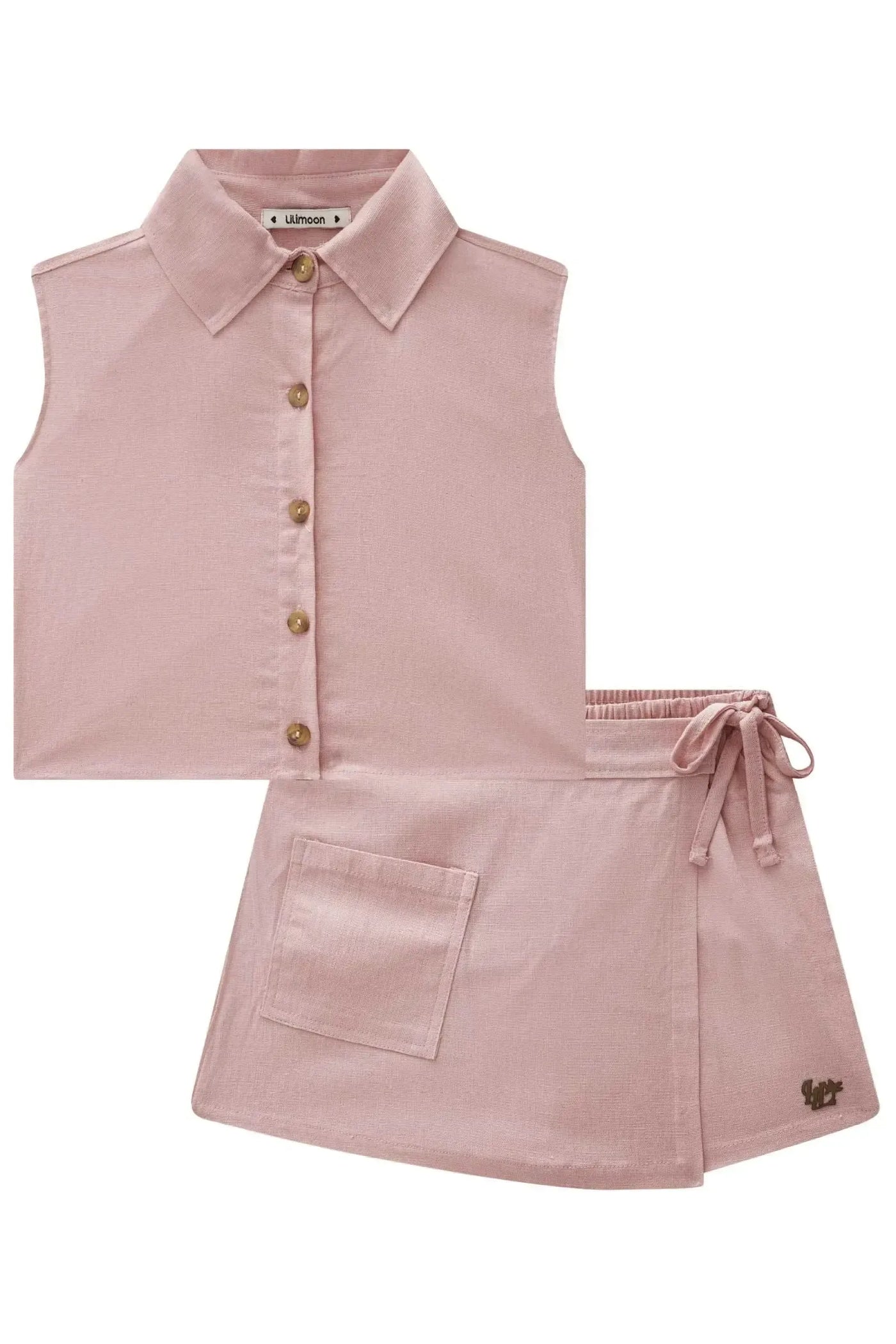 Conjunto de Camisa Cropped e Short Saia em Visco Linho Stretch 87773 Lilimoon Teen Menina