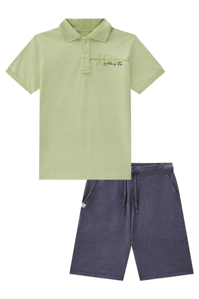 Conjunto de Camisa Polo em Piquet com Elastano e Bermuda em Malha Denim com Elastano 89041 Johnny Fox Teen Menino