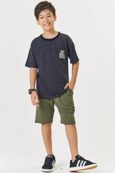 Conjunto Teen Menino de Camiseta em Cotton Listrado Fio Tinto e Bermuda em Molevisco 82080 Johnny Fox