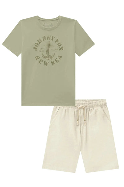 Conjunto de Camiseta em Meia Malha e Bermuda em Linho Santorine com Elastano 94196 Johnny Fox Teen Menino