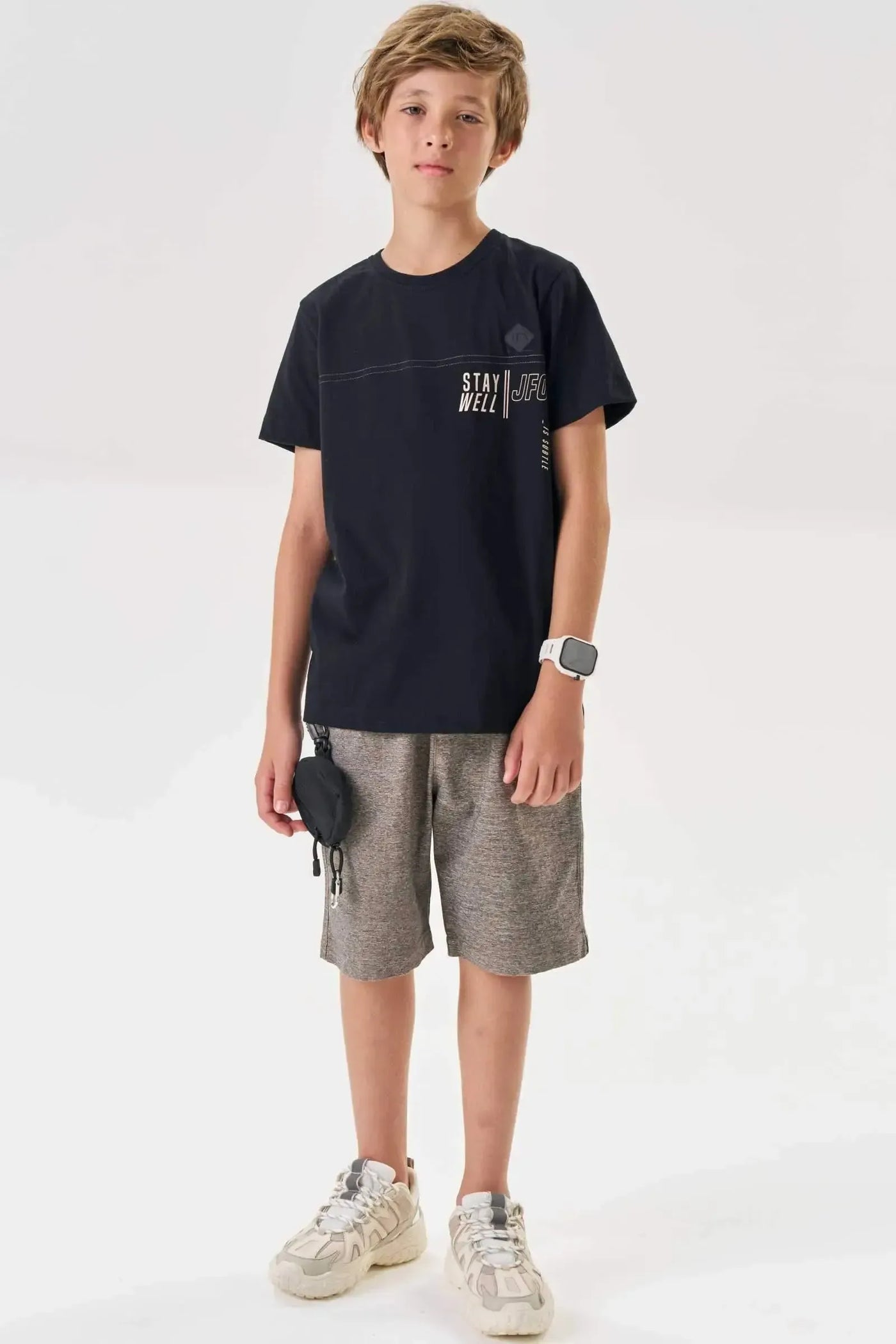 Conjunto de Camiseta em Meia Malha e Bermuda em Sarja Melange com Elastano 87655 Johnny Fox Teen Menino