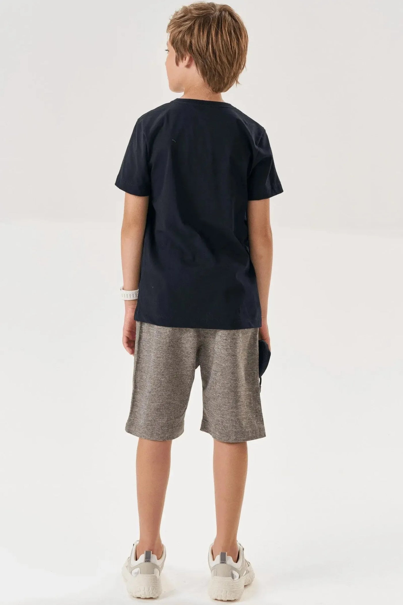 Conjunto de Camiseta em Meia Malha e Bermuda em Sarja Melange com Elastano 87655 Johnny Fox Teen Menino