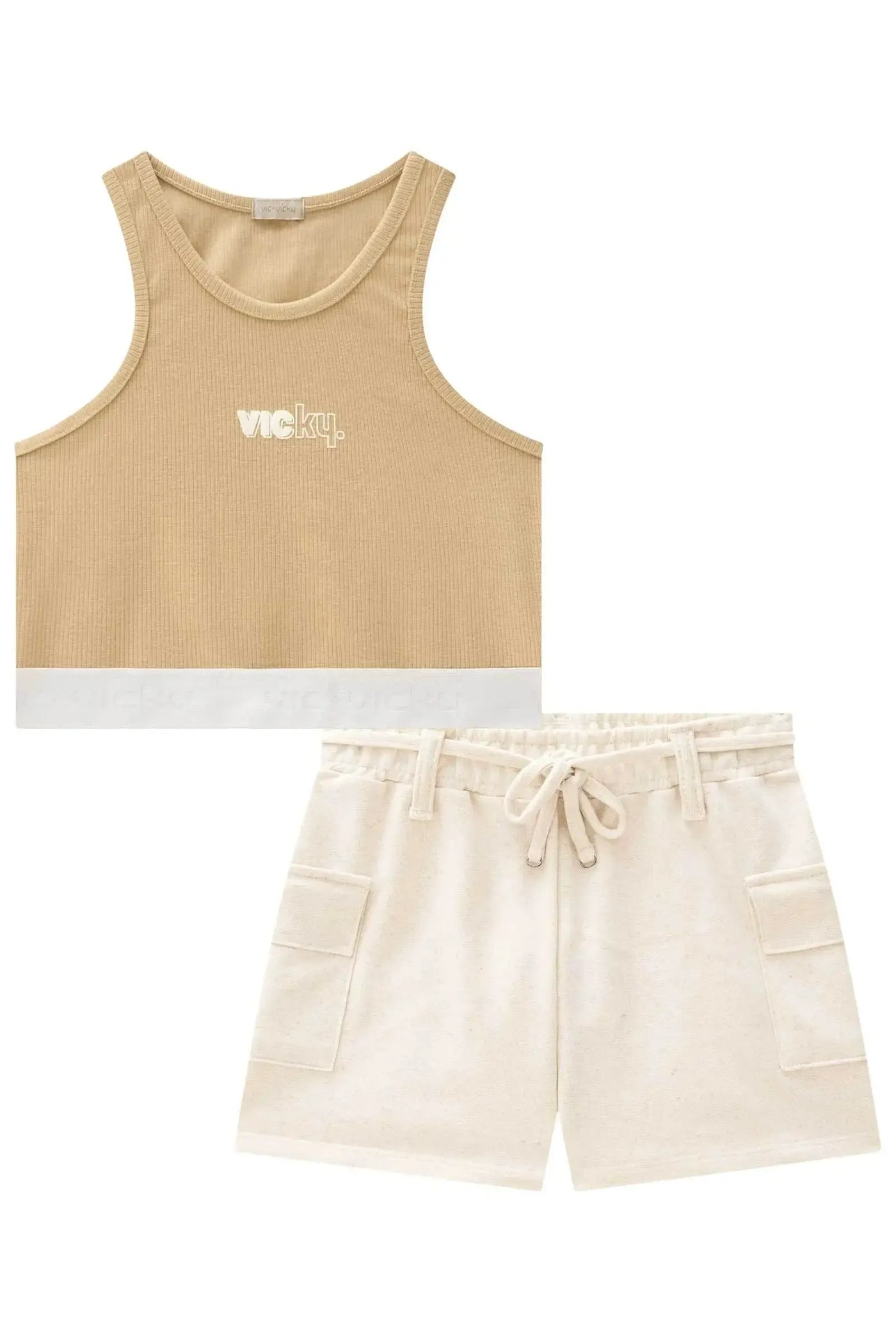 Conjunto de Cropped em Canelado Liz e Shorts em Moletom sem Pelúcia 86923 Vic&Vicky Teen Menina