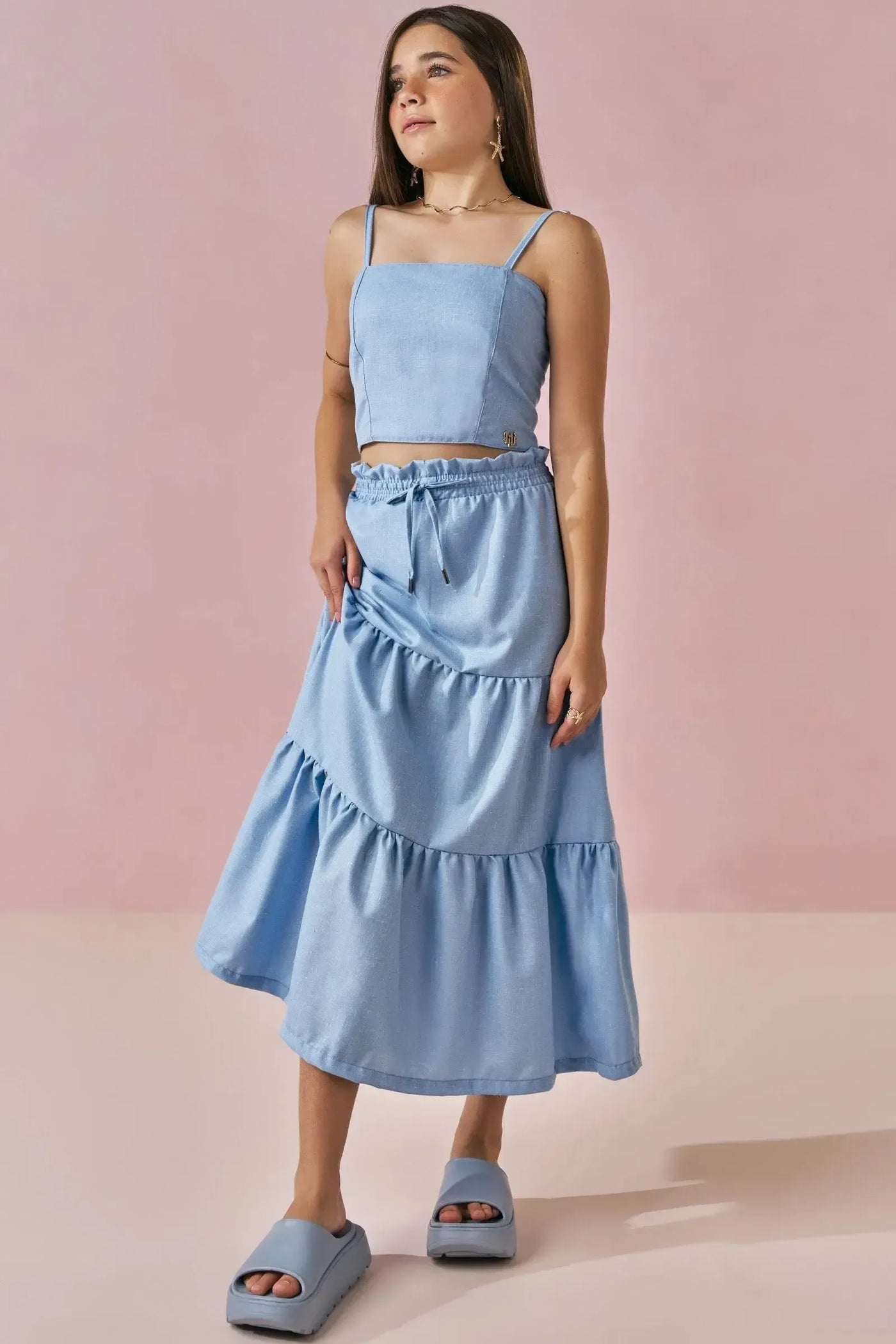 Conjunto de Top Cropped e Saia Midi em Alfaiataria Denver 88817 Lilimoon Teen Menina