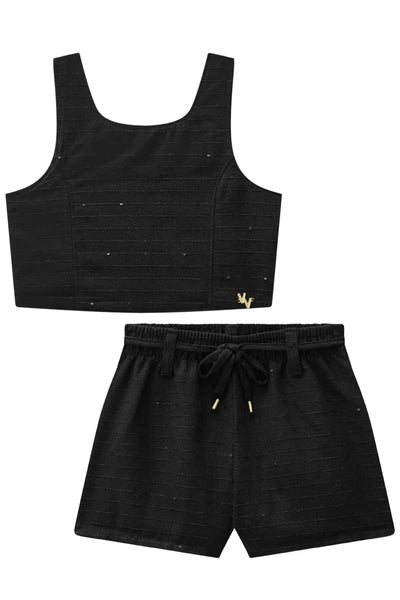 Conjunto de Top Cropped e Shorts em Linho Maquinetado 88662 Vic&Vicky Teen Menina